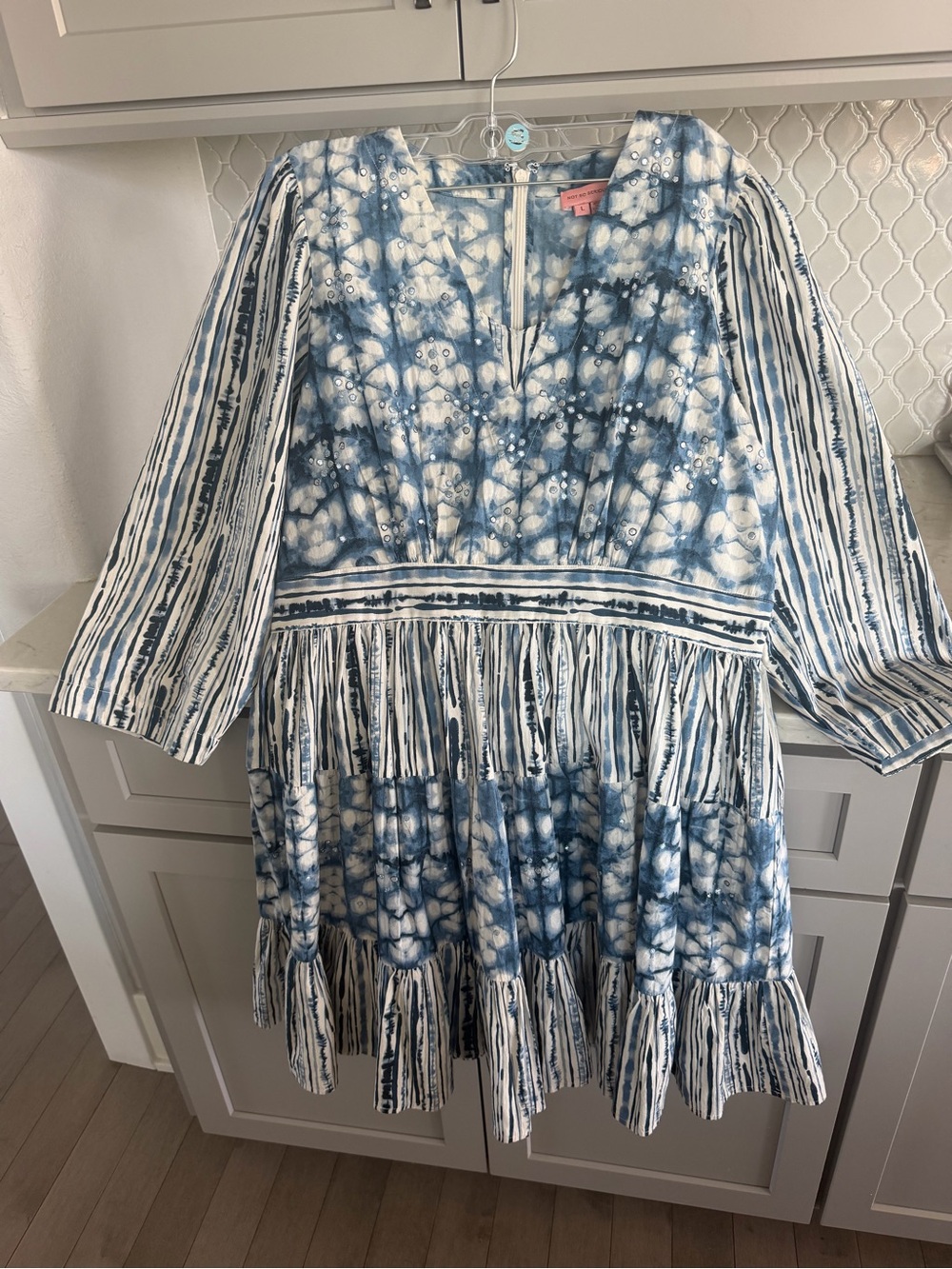 Blue Tie-Dye Print Kids' Dress with Ruffled Hem